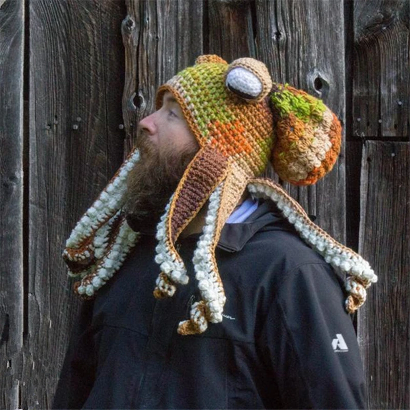 Christmas Cosplay Handmade Funny Tentacle Octopus Beard Hat Weave Knitted Beanie Tricky Headgear Winter Warm Couples Cap