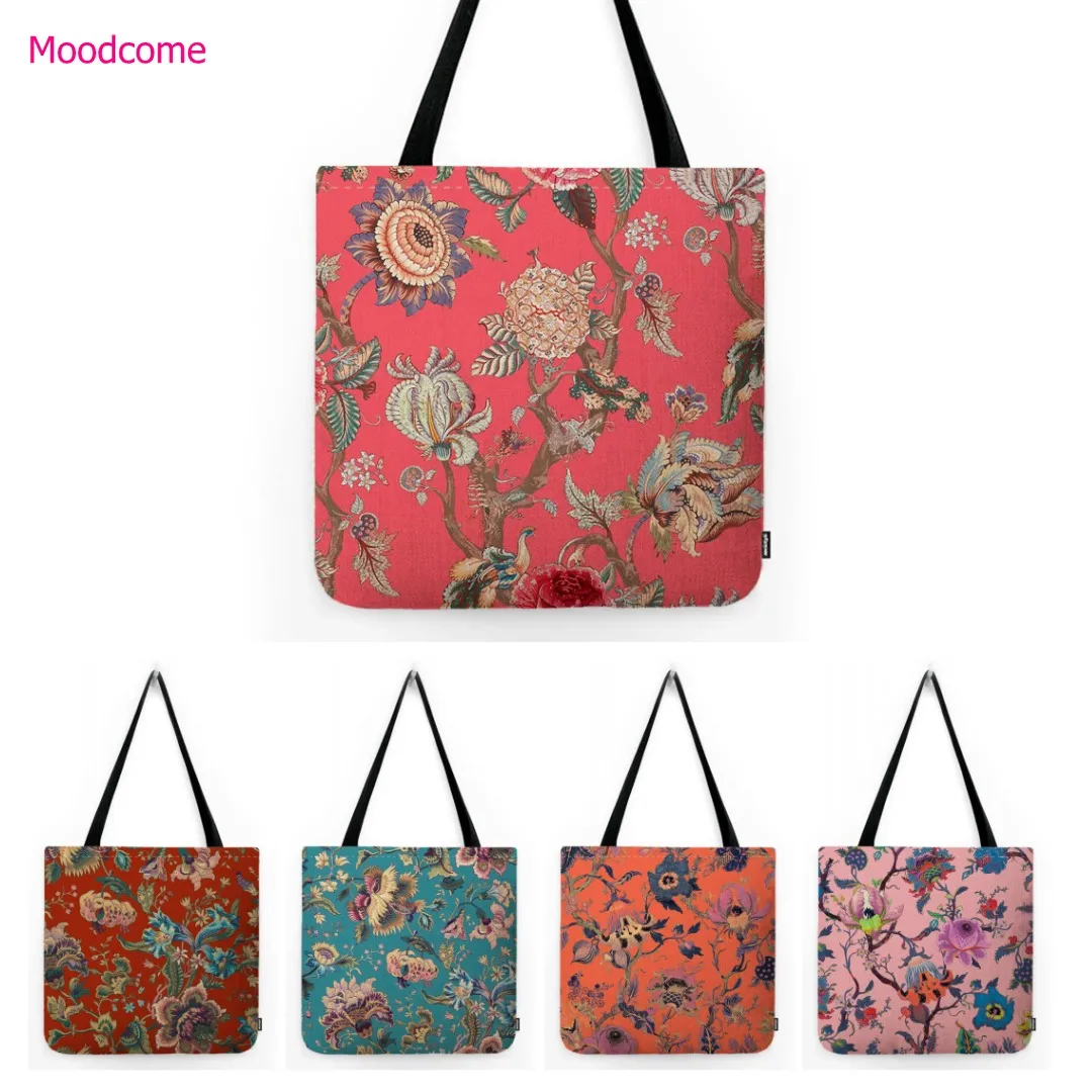 

Pink Green Orange Red Elegant Flower Classic Floral Leaf Pattern Shopper Bag Water Resistant Cotton Linen Shoulder Bag Handbag