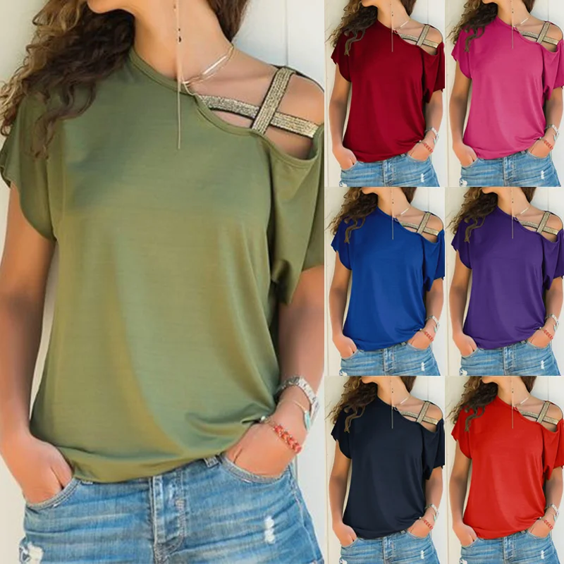 

Vrouwen Skew Hals T-shirt Zomer Onregelmatige Criss Cross Korte Mouw Sexy Off Schouder Solid Tops Vrouwelijke Een Schouder Shirt