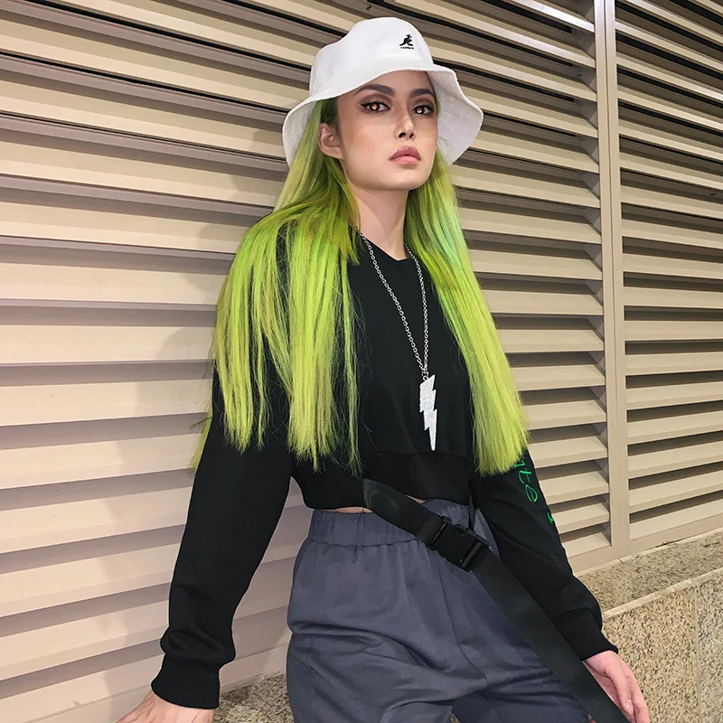 HEYounGIRL вышивка Harajuku черный свитер с пряжкой на шнуровке пуловер с длинными рукавами; готическая обувь в стиле «панк»; Повседневное женские толстовки с капюшоном; сезон осень