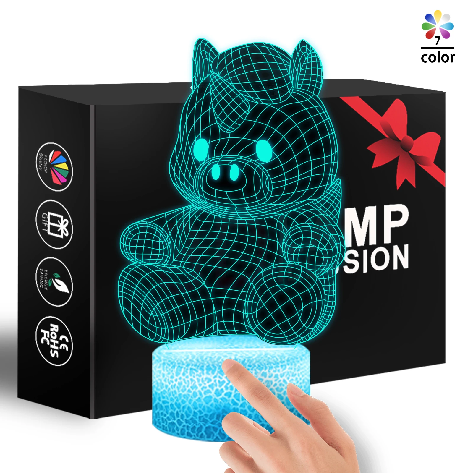 

3D Night Light for Kids, 3D Illusion Lamp 7 Colors Changing with Smart Touch, Unicorn Bear Shaped LED Neon Decor Christmas Gift