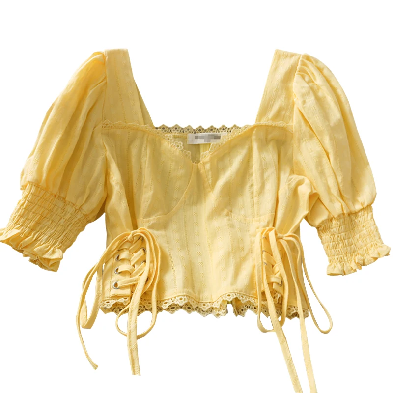 

Summer Elegant Lace Spliced Cropped Blouse Shirts Women Cotton Linen Slim Square Collar Short Sleeve Elastic Female Shirt Tops