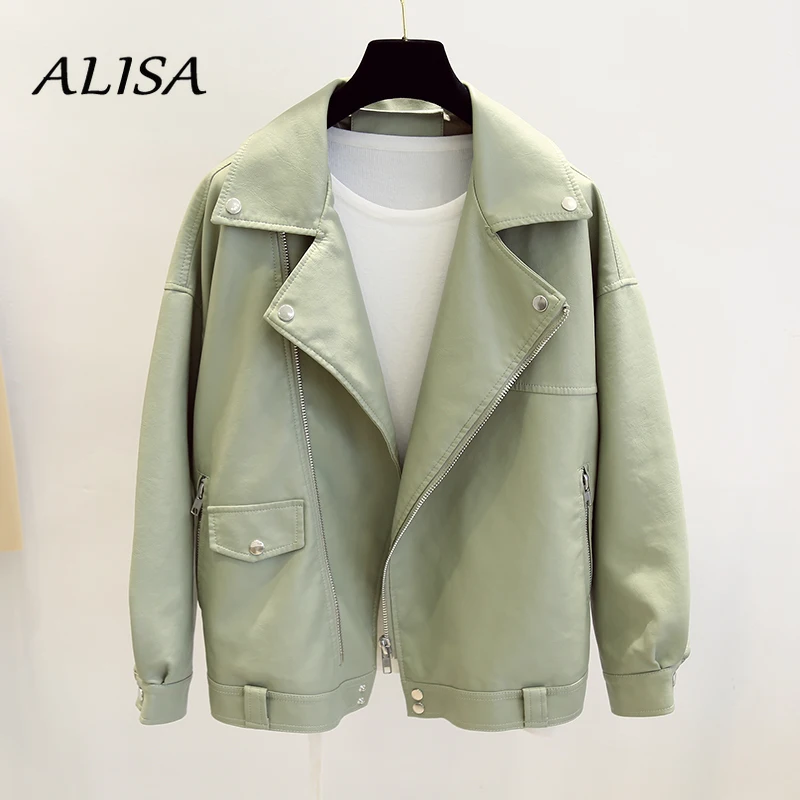 

Leather Coat Woman Loose Batwing Sleeve Turn Down Collar Short Pvc Jacket Women Biker Moto Green Faux Leahter Jacket Streetwear