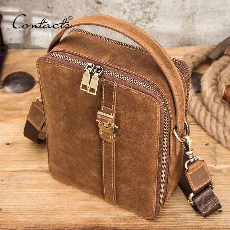 CONTACT'S Высококачественная Мужская кожаная сумка мессенджер Crazy Horse повседневные