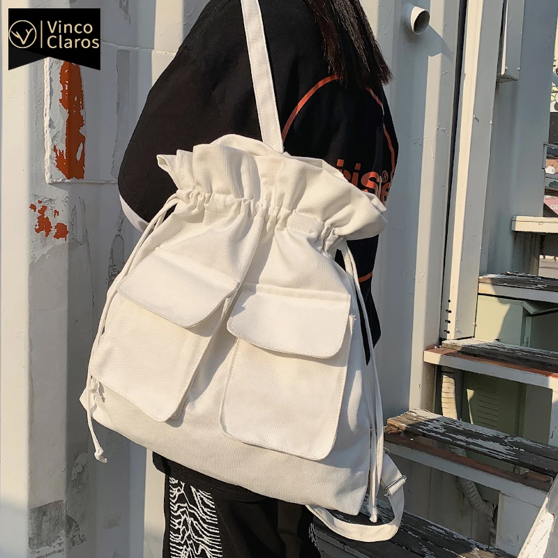 

Холщовые рюкзаки с рюшами для женщин, большой дорожный ранец с оборками на ремне для книг, дизайнерский мешок для покупок