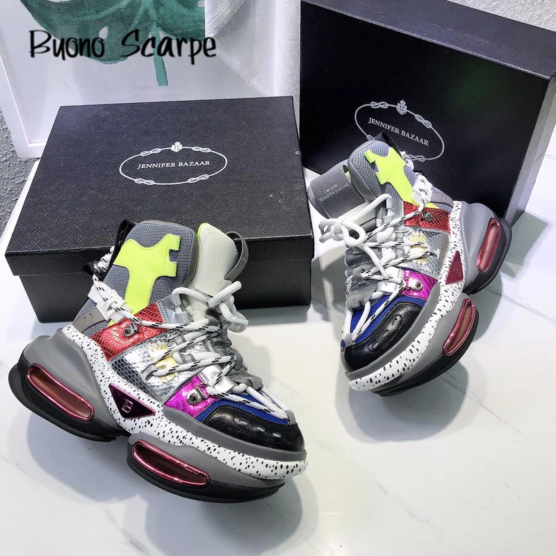 

Platform Genuine Leather Sneakers Casual Hand Made Lace-up Woman Shoes Mixed Colors Round Toe High-top Sneakers cotton fabric