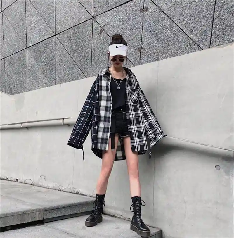 NiceMix Harajuku женские рубашки с длинными рукавами в клетку в стиле пэчворк BF женские блузки с отложным воротником в Корейском стиле Mujer блузка