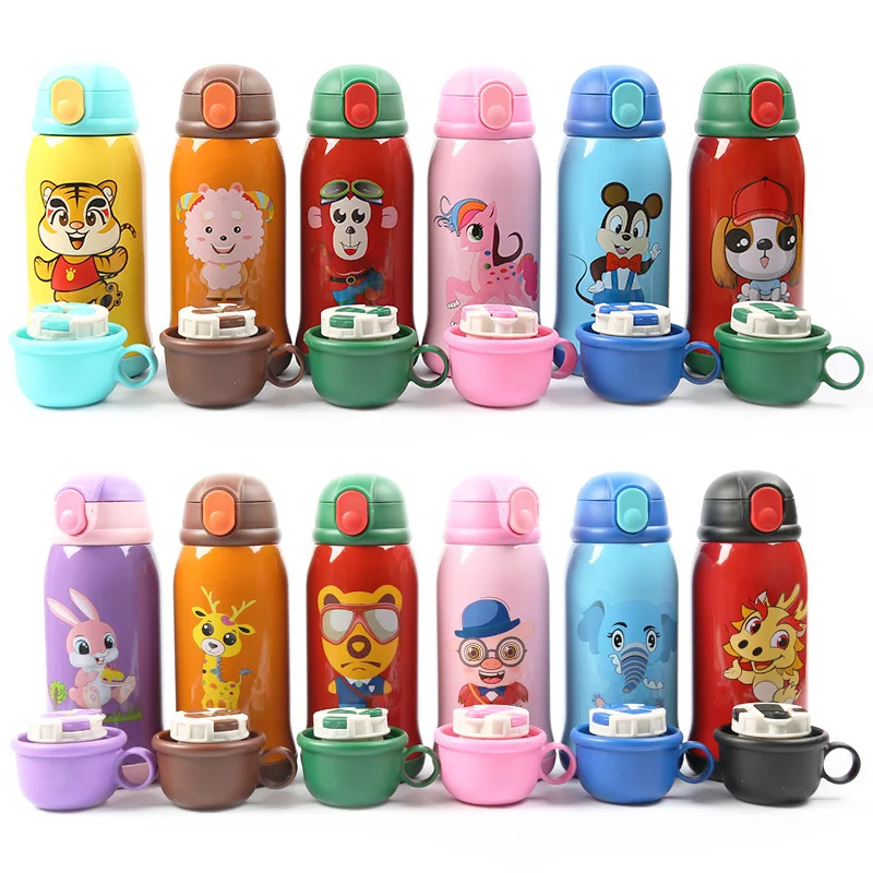 

New 500ML Cute Cartoon Kids Water Bottle With Straw Stainless Steel Thermos Bottle Insulated Sports Drinking Bottle For Children