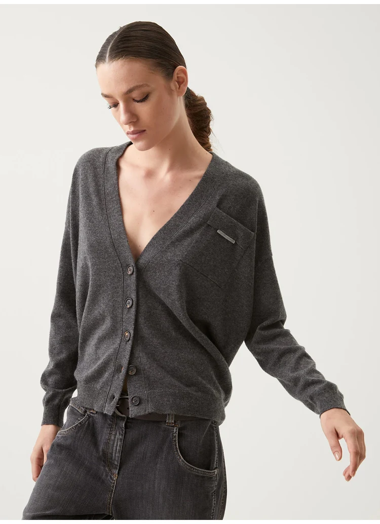 

Женский шерстяной кардиган с длинным рукавом, Свободный вязаный кардиган с V-образным вырезом и косым карманом на цепочке, весна-осень 2021