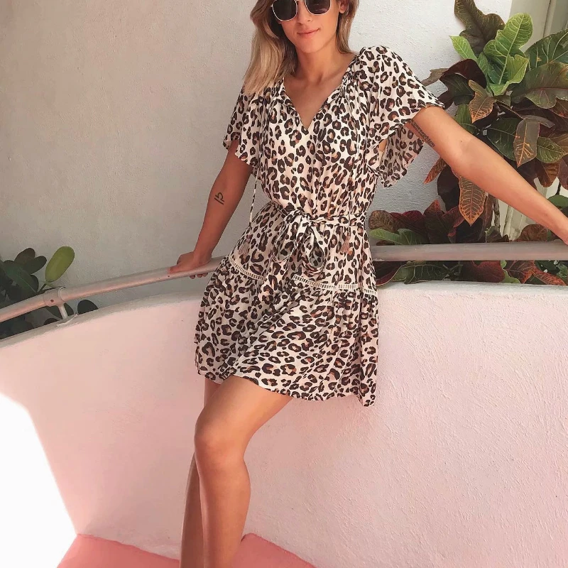 Женское винтажное мини платье с леопардовым принтом V образным вырезом|Женские