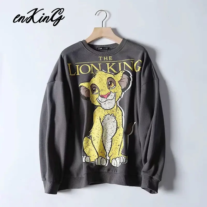 Black Pink Cartoon Lion King Print Women Hoodie Long Sleeve O Neck Ladies Za Sweatshirt Casual Womens Hoodies Pullover