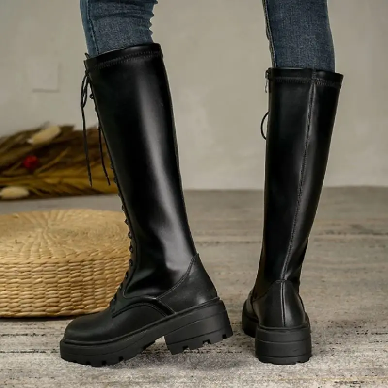 

Rizabina Real Leather Women Knee Boots Cross Strap Zipper Thick Heel Shoes Warm Boots Women Fashion Party Footwear Size 33-40