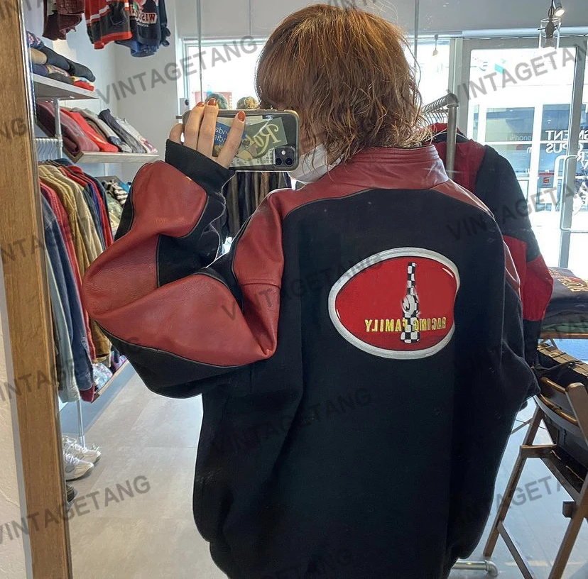 

B-TOTO American Retro Black Pu Leather Stitching Color Letter Embroidery Jacket Female Tide Ins Jacket 2021