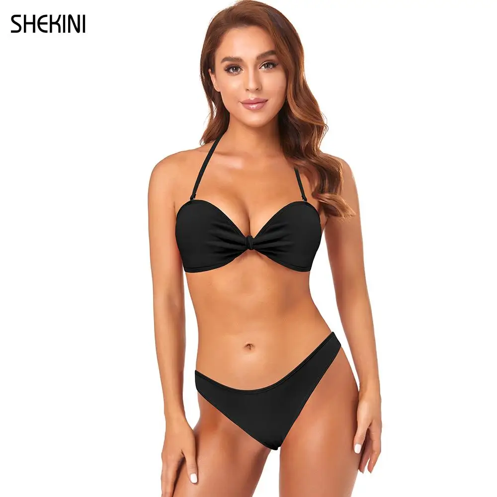 

SHEKINI Women's Bow Front Halter Bandeau Bikini Set Cute Swimwear Low Waist Two Piece Swimsuits Ruched Bathing Suits Beachwear