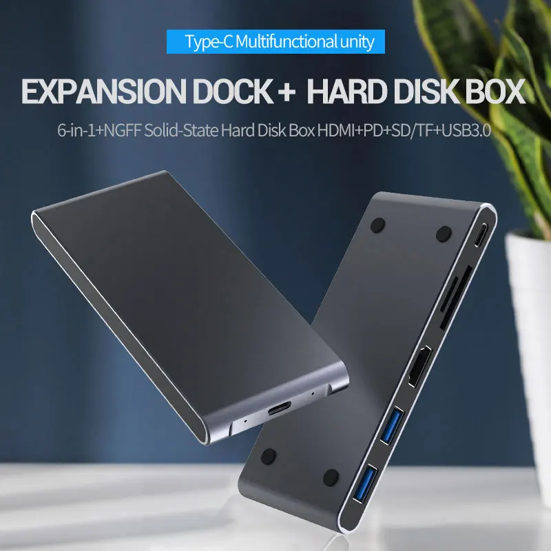 

USB C HUB with M.2 NGFF Hard Drive Enclosure for MacBook Pro Type-C to HDMI 4K PD SD TF USB 3.0 Adapter Dock 6 in 1 Type C HUB