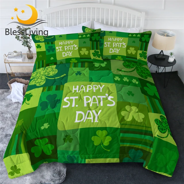 BlessLiving Shamrocks Comforter St. Pat's Day Bedding Cover Lucky Green Grid Thin Duvet Happy Holiday Bedspread Cozy Home Decor 1