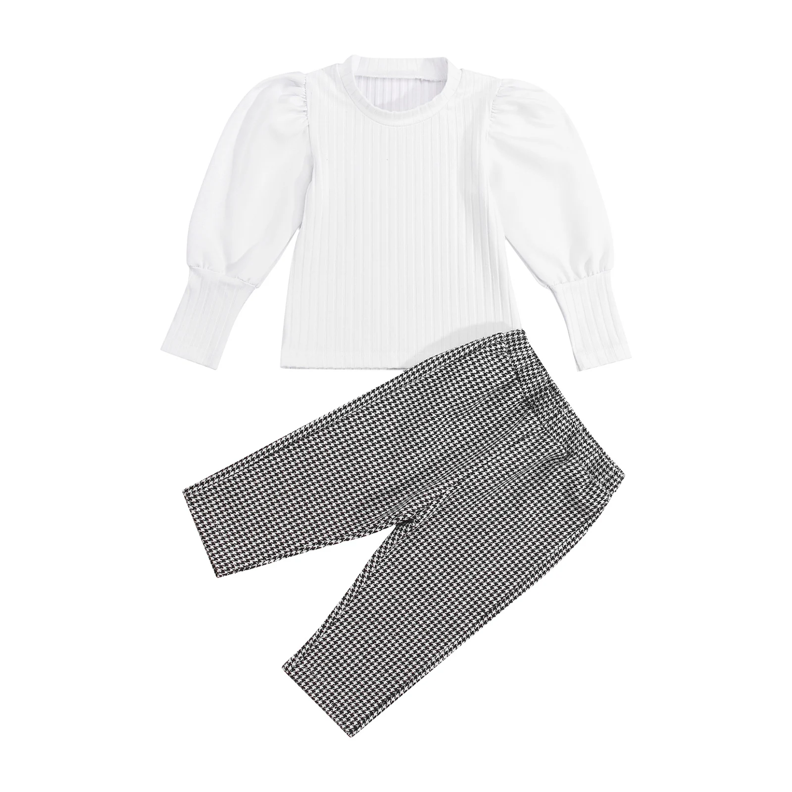 

2Pcs Infant Casual Autumn Outfits Baby Girls Solid Color Puff Sleeve Round Neck Pullover Tops Houndstooth Print Pants