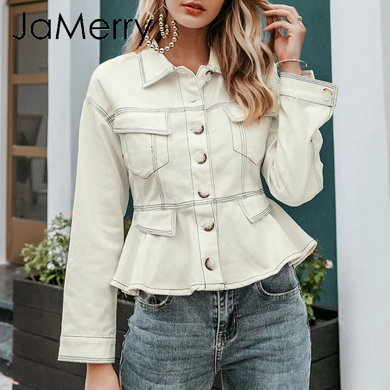 JaMerry винтажная элегантная Хлопковая женская куртка на пуговицах с длинным рукавом, осенняя повседневная женская верхняя одежда, пальто с высокой талией, офисное Женское пальто