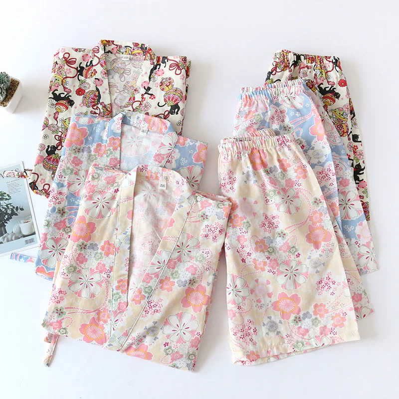 197 Cotton Pijama Women Homewear Flower Print Short Tops Kimono Shorts Casual Sleepwear Shirts Summer Pajama Loose  Pajamas Set
