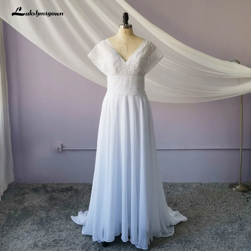 

lakshmigown Sexy V Neck Chiffon Beach Wedding Dresses Lace Court Train Bridal Gowns Plus Size