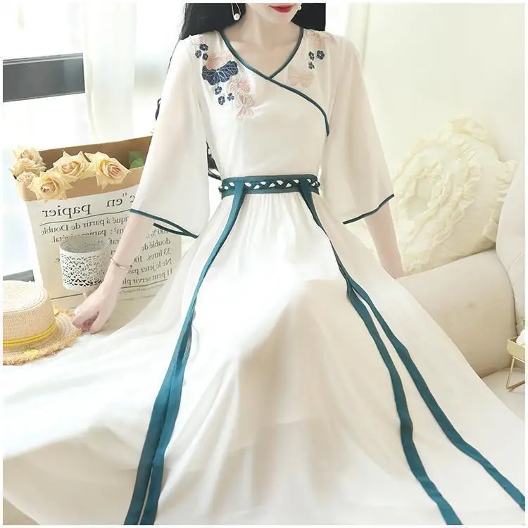 

Embroidery V-neck Vestidos Improved Qipao Women Summer Tang Chinese Dress Retract Waist A-line Cheongsams Vintage Formal Gown