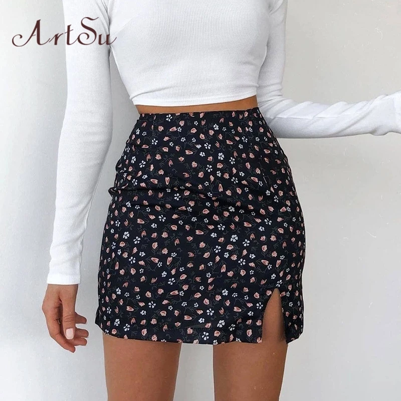 Женская мини юбка Artsu Повседневная летняя карандаш с высокой талией и цветочным