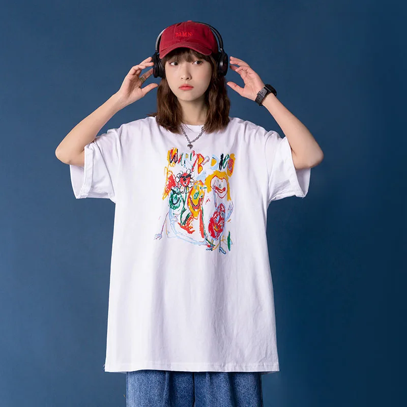 

T-shirt Cotton Vintage Large Size Women Shirts for Summer Fashion Manga Oversize Anime T-shirt Korean Clothing Pug White Top