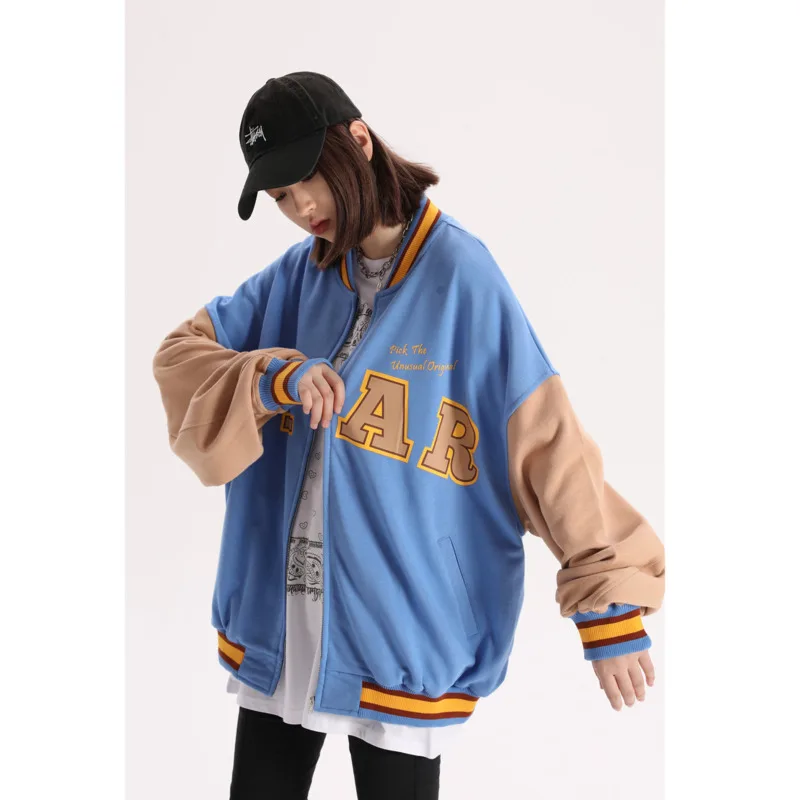 

Brand Women Letters Printed Patchwork Baseball Jacket Men Spring Loose Jackets Streetwear Man Clothing