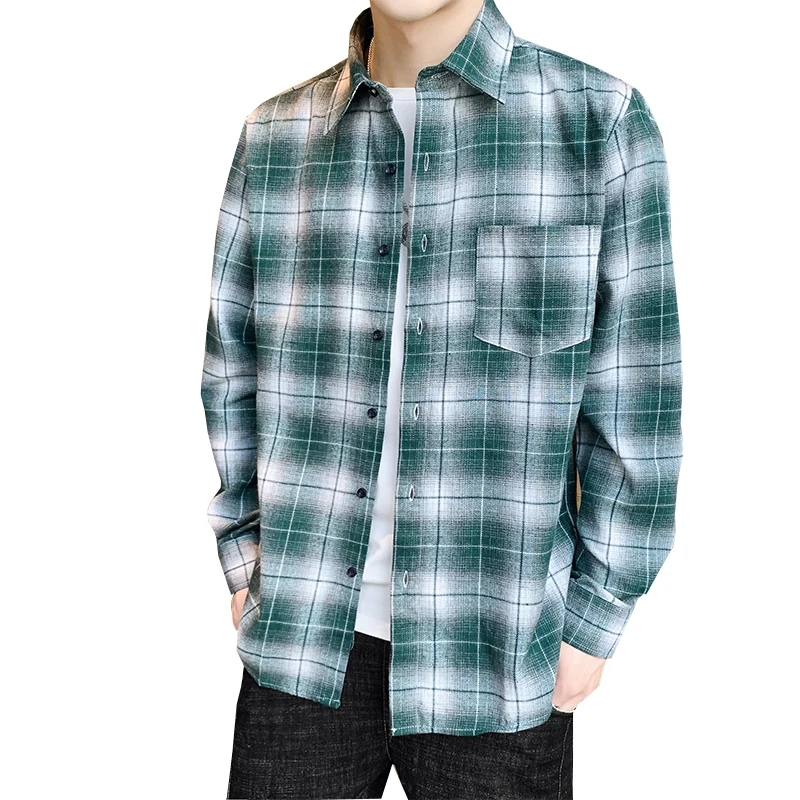Рубашка мужская повседневная в клетку модная блуза с длинным рукавом стиле