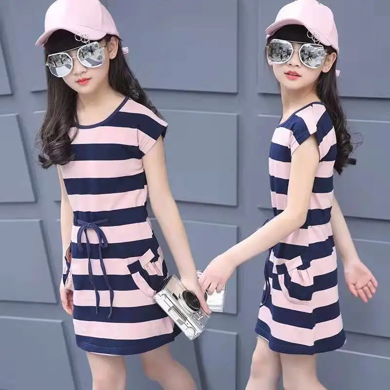 

New Summer 2022 Girls Dress Kids School Stripe Dresses Costumes Children Princess Clothing Tight Teen Vestidos 4 6 8 10 12 Year