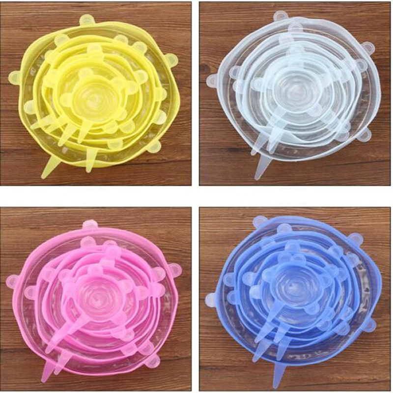 

6 Pcs Food Grade Silicone Fresh-keeping Cover Stretching Fruit Food Cling Film Home Fresh-keeping Bowl Cover Universal Pot Cover