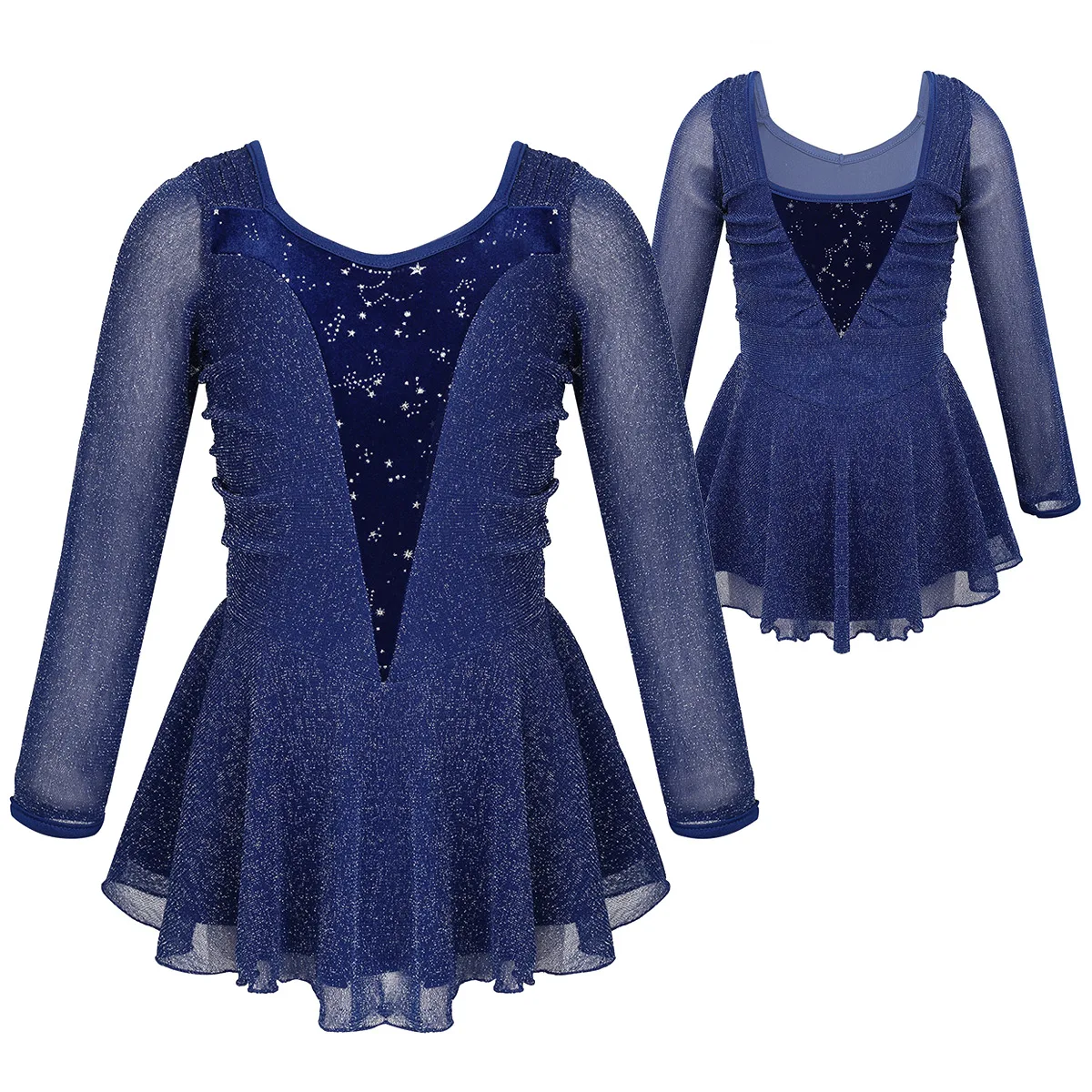 Navy Blue Платье балерины; детское блестящее эластичное бархатное платье с длинными рукавами для фигурного катания на коньках; балетное гимнастическое платье для девочек - Цвет: Navy Blue
