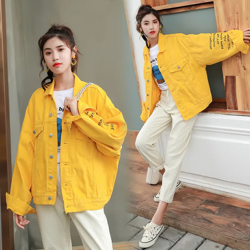 

Демисезонные женские куртки, Бейсбольные женские пальто, Повседневная Желтая Женская верхняя одежда, Женская куртка средней длины с надпис...