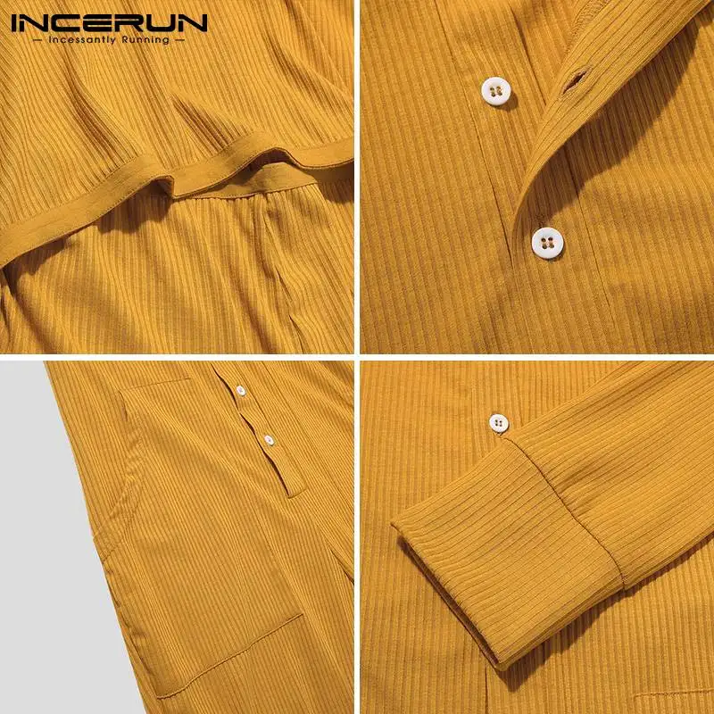 

INCERUN Solid Color Men Pajamas Jumpsuits Button Fitness Homewear Rompers Long Sleeve Comfortable Overalls Men Nightwear S-5XL