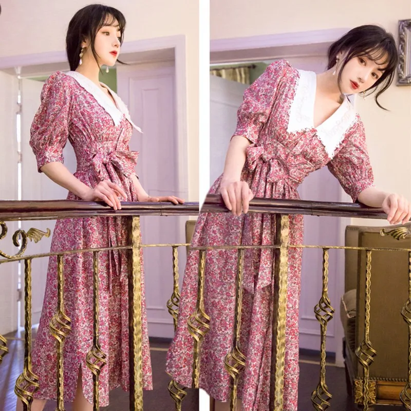 

New Arrival Runway Women's High Quality Elegant Puff Sleeve Floral Printed French Sweet Bow Belt Dress Female Vestido Robe