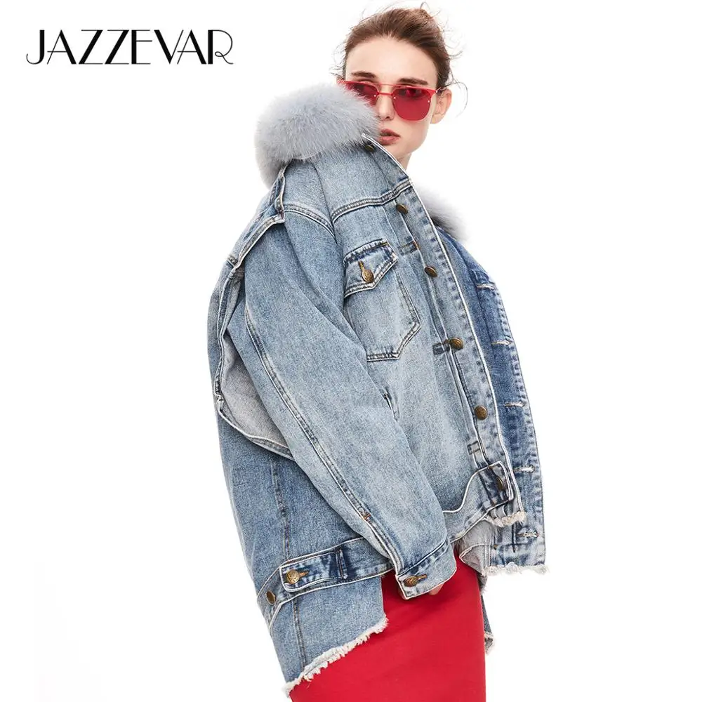 JAZZEVAR 2019 Зима новое поступление джинсовая куртка женская с меховым воротником