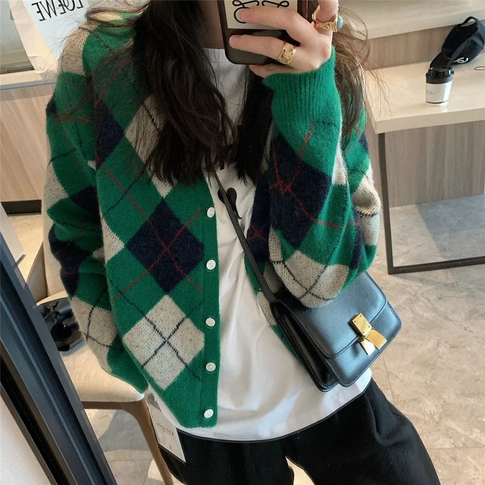 

Korean Vintage Plaid Print Kint Cardigans Women Fashion V-Neck Long Sleeve Crop Top Sweater Female Loose Argle Streetwear Tops