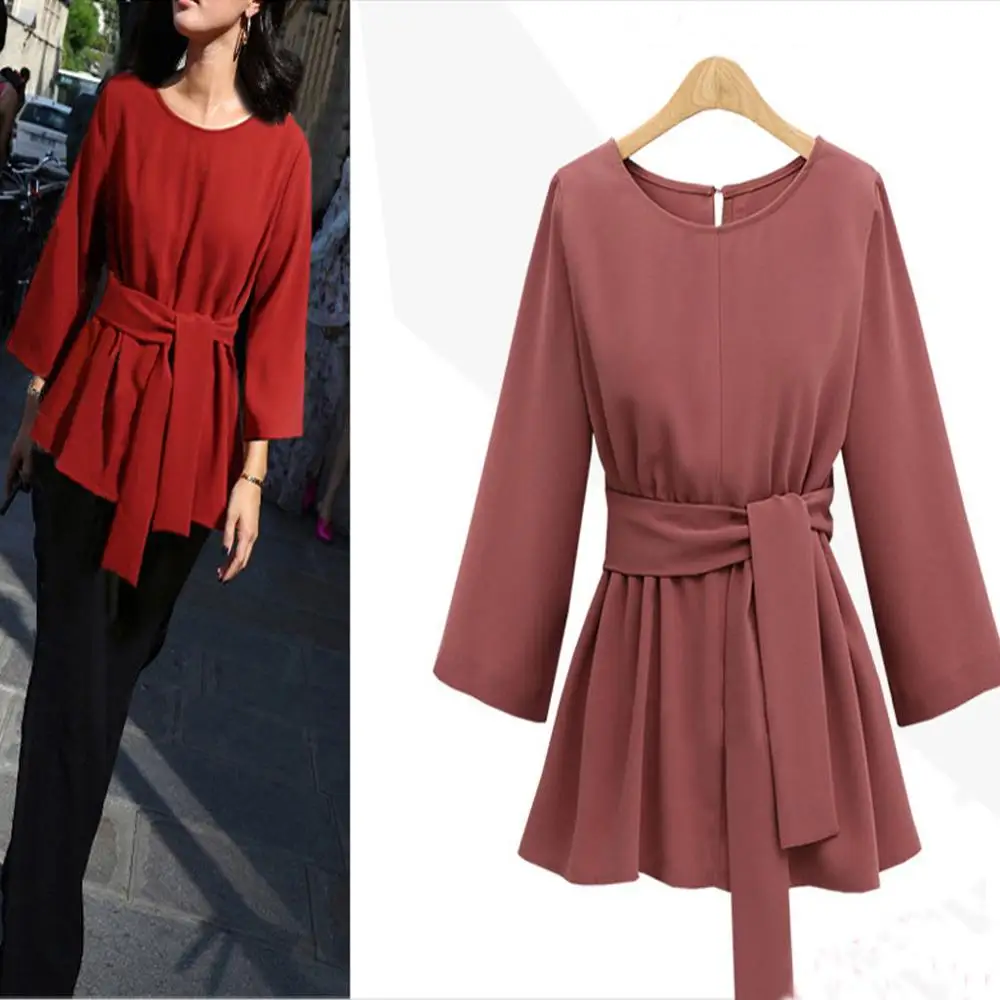 Женская блузка топы плюс размер круглый вырез длинный рукав ремень свободная