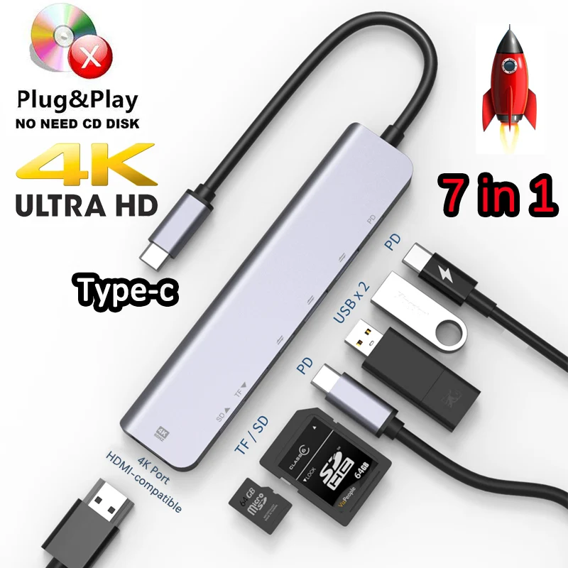 USB-концентратор 7 в 1 6/5/4/2 для MacBook Pro/Air/Huawei 2K/4K | Компьютеры и офис