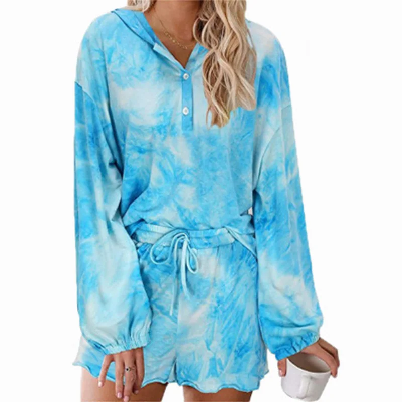 

2021 spring summer tie-dye pajamas hooded long-sleeved home wear with wooden ears two-piece ladies