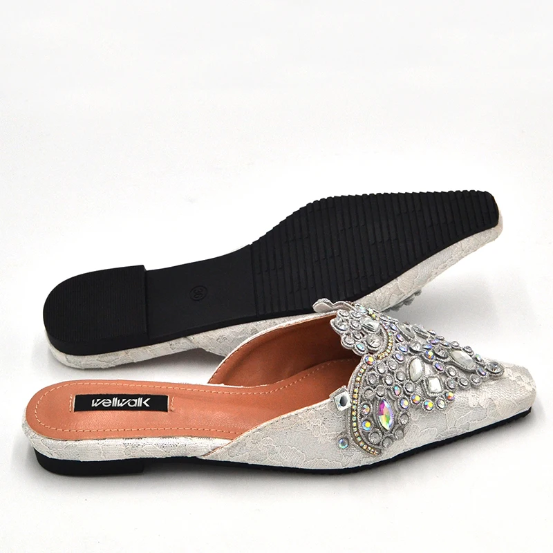 Стразы Женские туфли без задника на плоской подошве Украшенные жемчугом