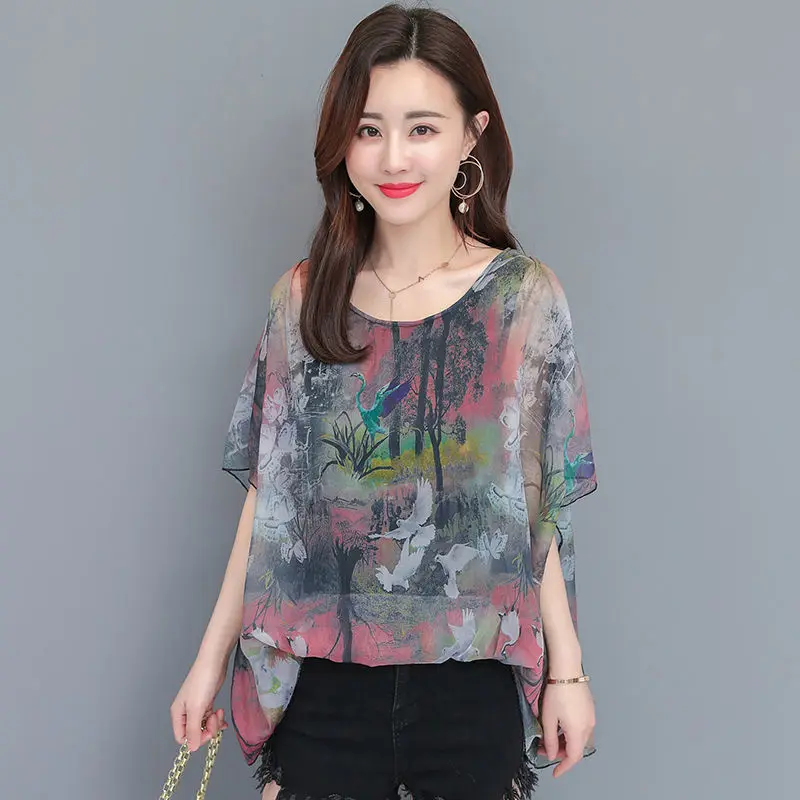 

2020 New Summer Middle Aged Women Short Sleeve O-Neck Chiffon Casual Blouse Tops Female Bottoming Fashion Shirt Vestidos W05