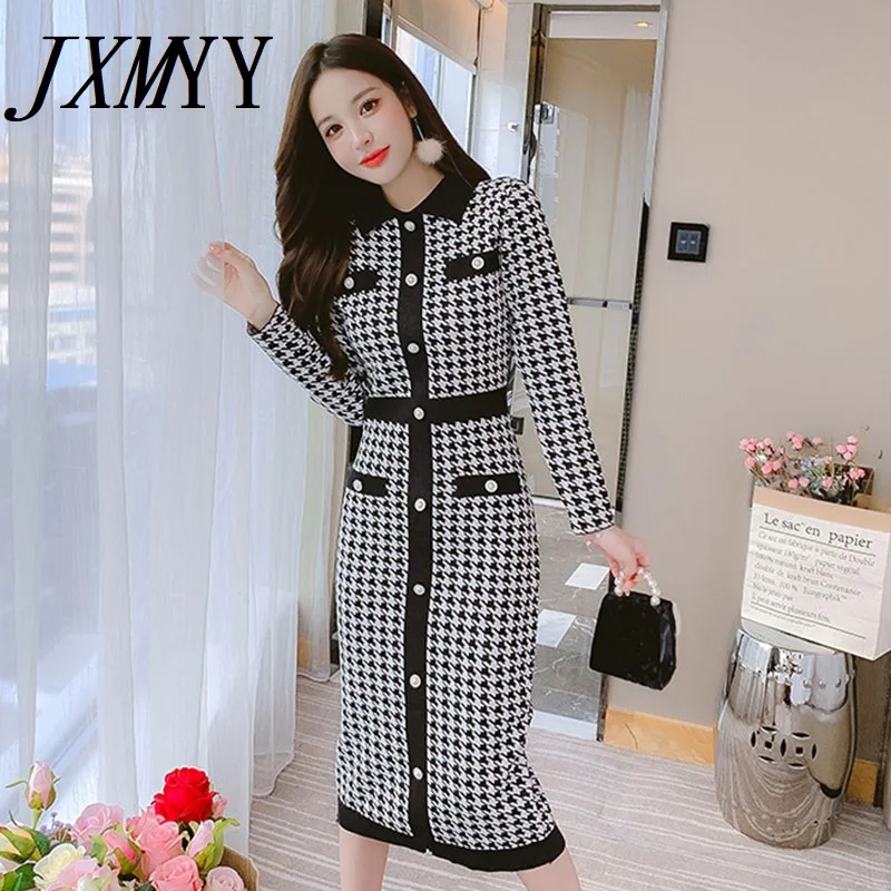

JXMYY Autumn Aand Winter New Women's High-End Fashion Temperament Small Fragrance Style Long-Sleeved Plaid Knitted Dress