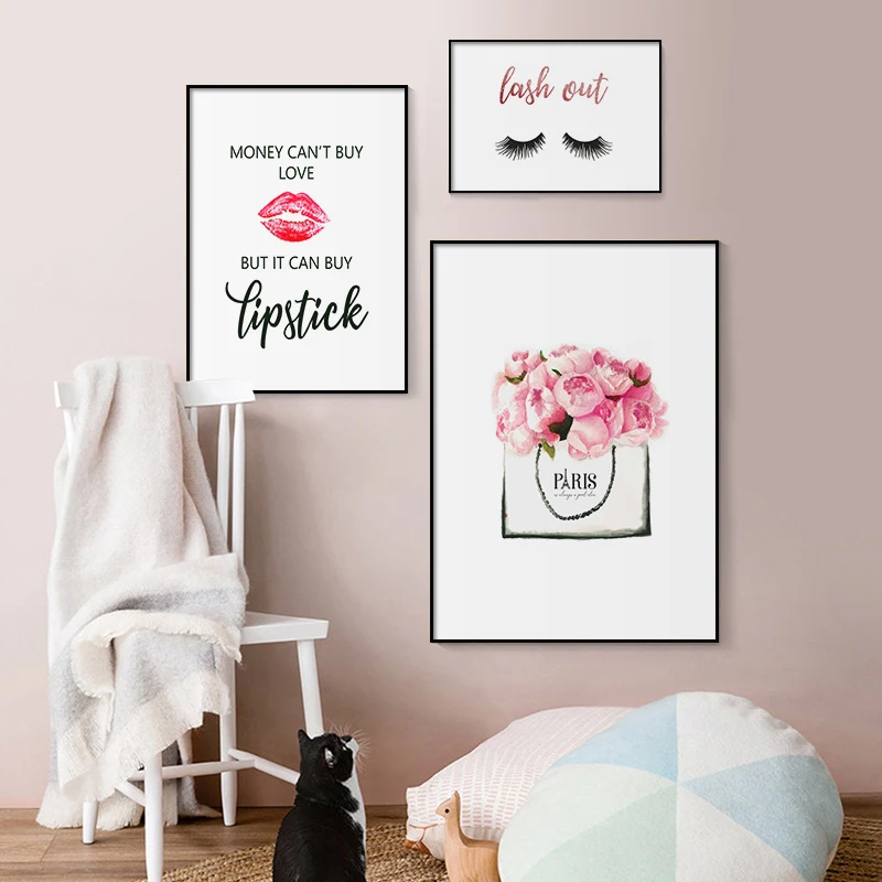 

Modern Fashion Poster Makeup Wall Canvas Print Painting Pink Perfume Flowers Lips Eyelashes Fashion Wall Art Pictures for Living
