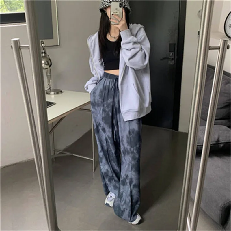 

Wide Leg Pants Women Tie-dye Lace-up Elatsic High Waist Trousers Spring Autumn Korean All-matching Pantalon Femme 5F1021