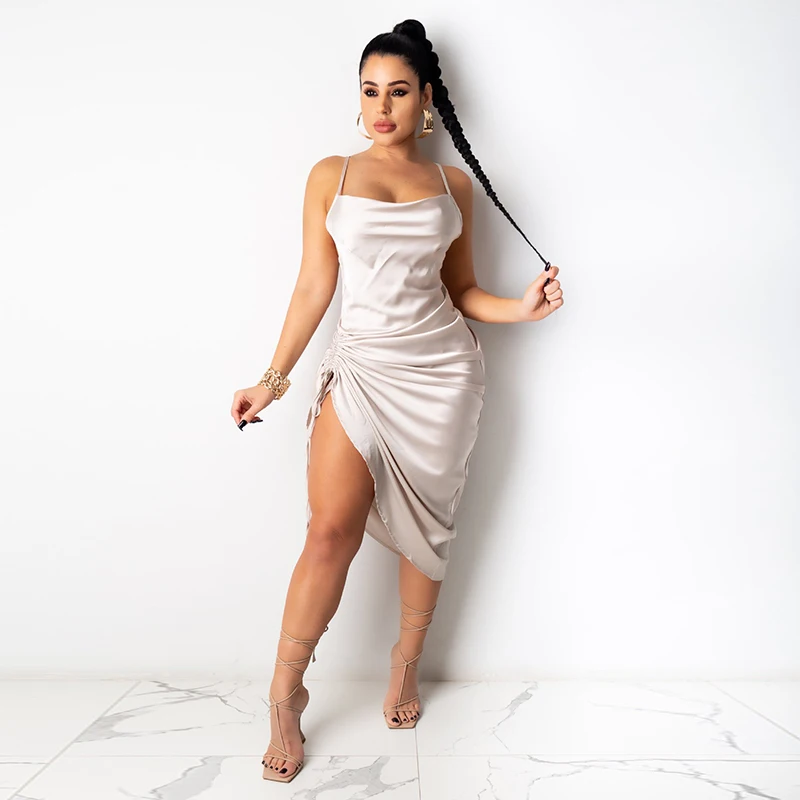 

Sexy Draped Satin Dress Spaghetti Strap Dresses for Women Party Fashion Clothes Bandage Backless Summer Beach Midi Dress