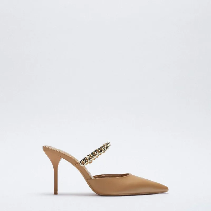 

Women's Shoes 2021 New Style Brown Elegant Chain Decorated Pointed High Heels Stiletto Sandals Women