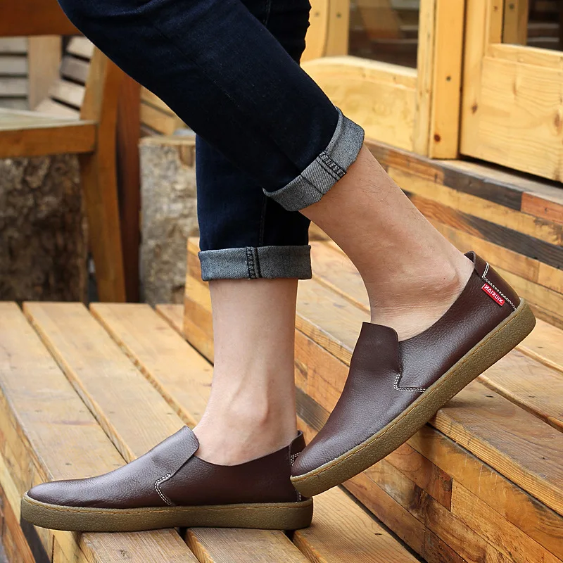 Мокасины мужские из мягкой кожи бычья подошва без застежки удобная обувь для