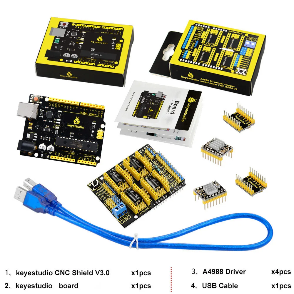 Плата для ЧПУ Keyestudio V3.0 + плата V4.0 4 драйвера A4988 с радиатором комплектов Arduino