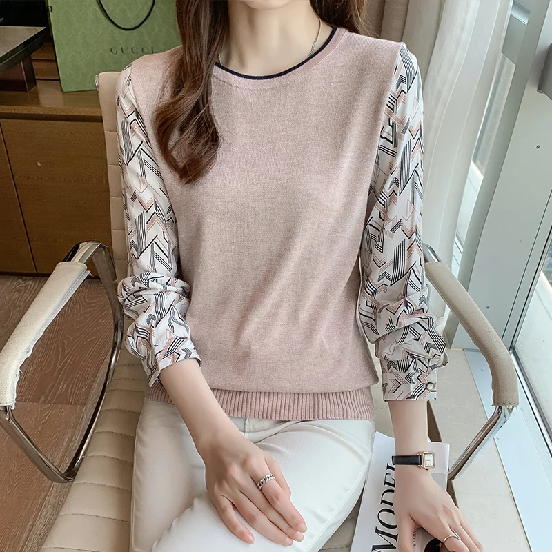 

Autumn New Women's Blouses O Collar Shirt Long Sleeve Tops Printed Blouse Girl Knit Stitching Casual Fashion Lady Loose